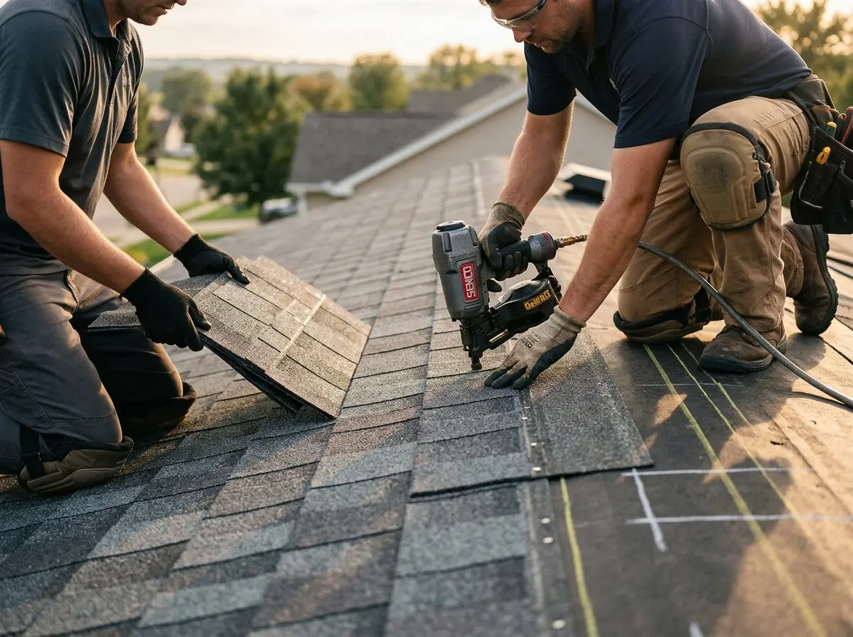 Professional roofer working on a residential roof in Wagoner